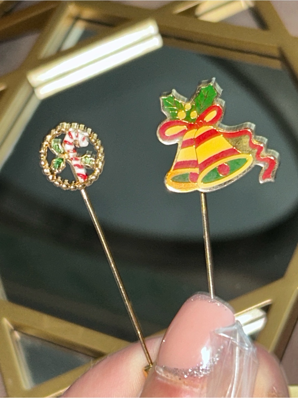 Christmas Stick Pins Gold & Enamel Holiday Bell & Holly Candy Cane CUTE - Lot 2